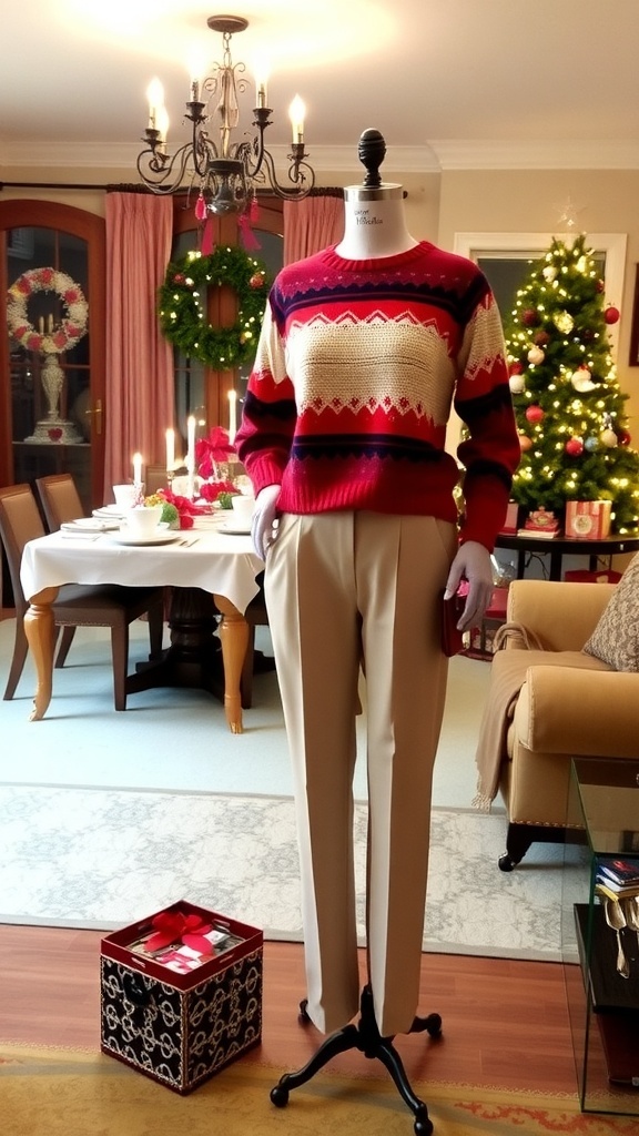A stylish Christmas dinner outfit displayed in a cozy, festive living room.